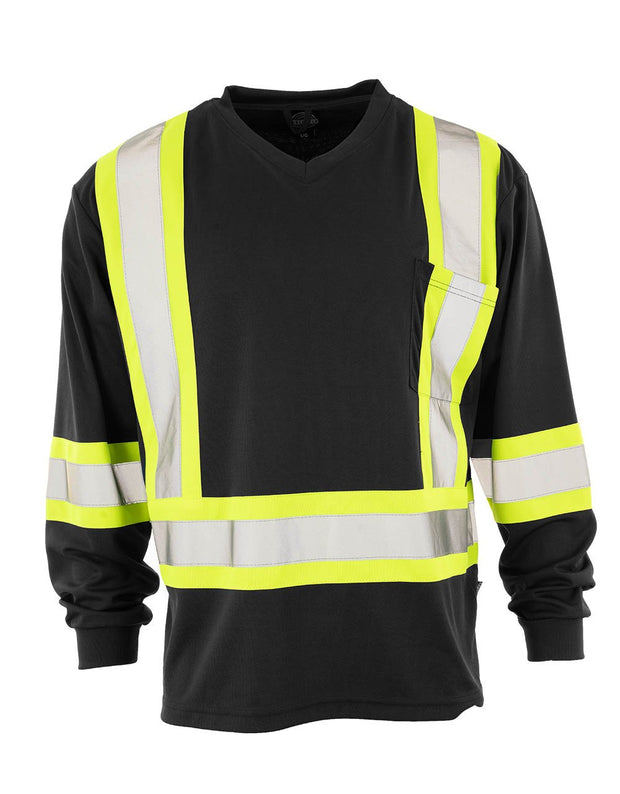 Forcefield Hi Vis V-Neck Long Sleeve Safety Tee with Chest Pocket