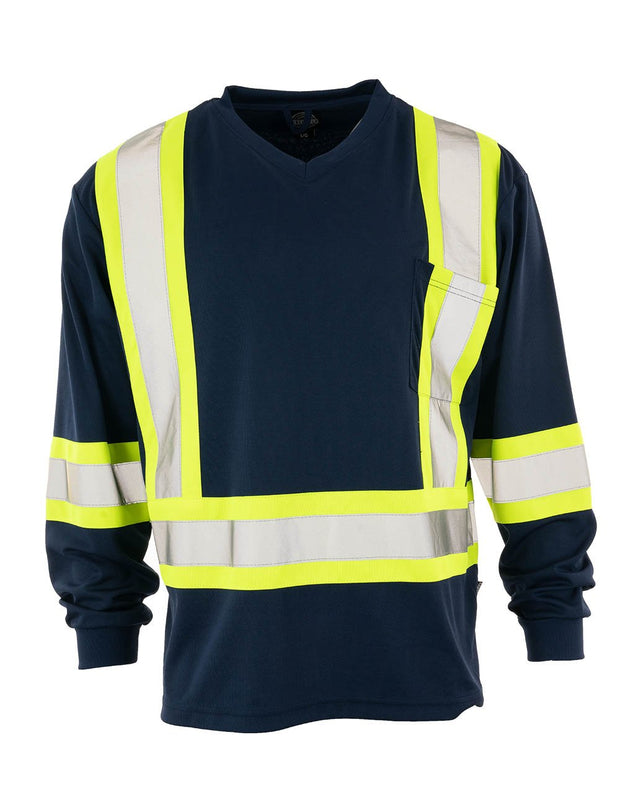 Forcefield Hi Vis V-Neck Long Sleeve Safety Tee with Chest Pocket