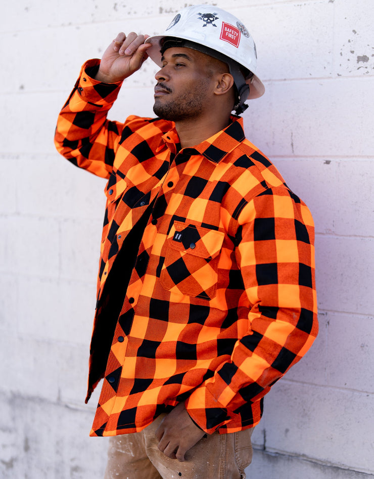 Forcefield Hi Vis Orange/Black Buffalo Plaid Quilted Flannel Shirt Jacket