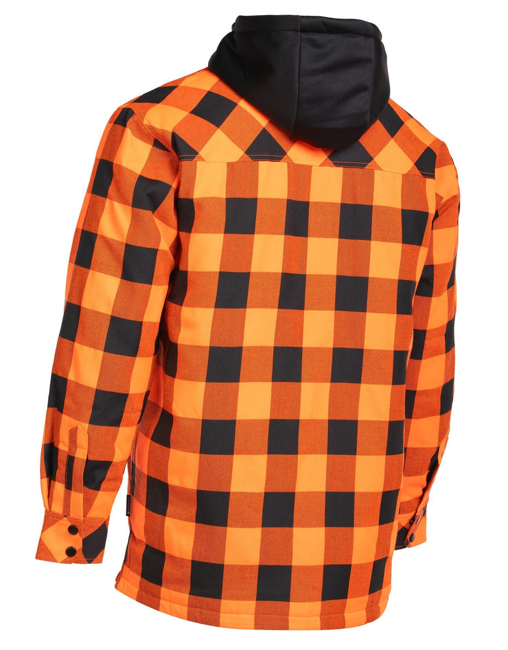 Forcefield Hi Vis Orange/Black Buffalo Plaid Hooded Quilt-Lined Flannel Shirt Jacket