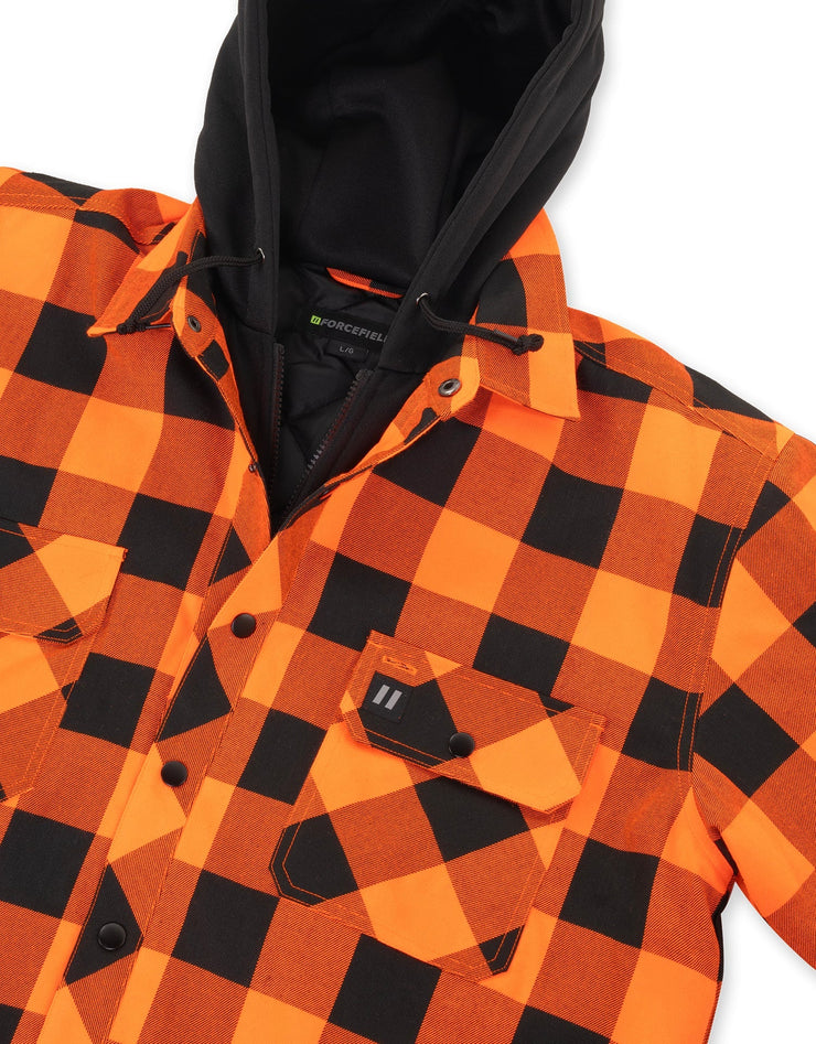 Forcefield Hi Vis Orange/Black Buffalo Plaid Hooded Quilt-Lined Flannel Shirt Jacket