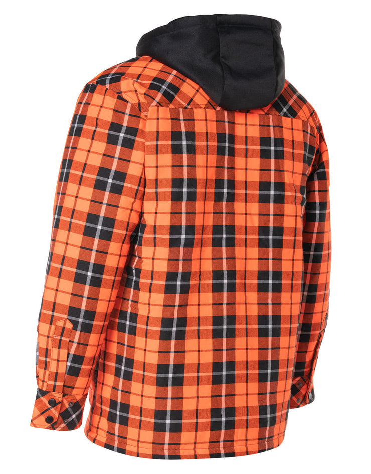 Forcefield Hi Vis Orange Tartan Plaid Hooded Quilt-Lined Flannel Shirt Jacket with Front Zip