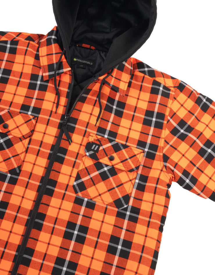 Forcefield Hi Vis Orange Tartan Plaid Hooded Quilt-Lined Flannel Shirt Jacket with Front Zip