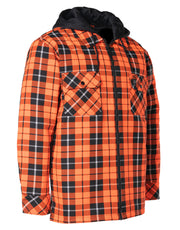 Forcefield Hi Vis Orange Tartan Plaid Hooded Quilt-Lined Flannel Shirt Jacket with Front Zip