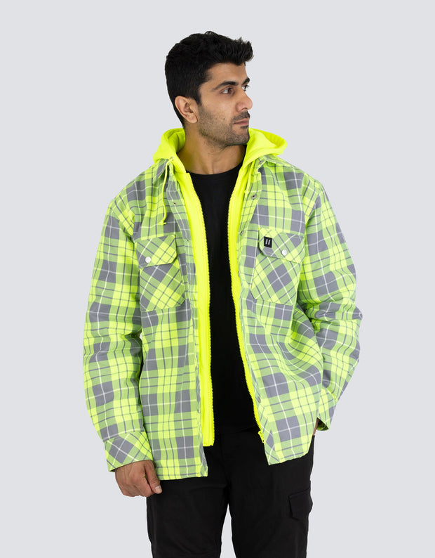 Forcefield Hi Vis Hooded Plaid Quilt-Lined Flannel Shirt Jacket