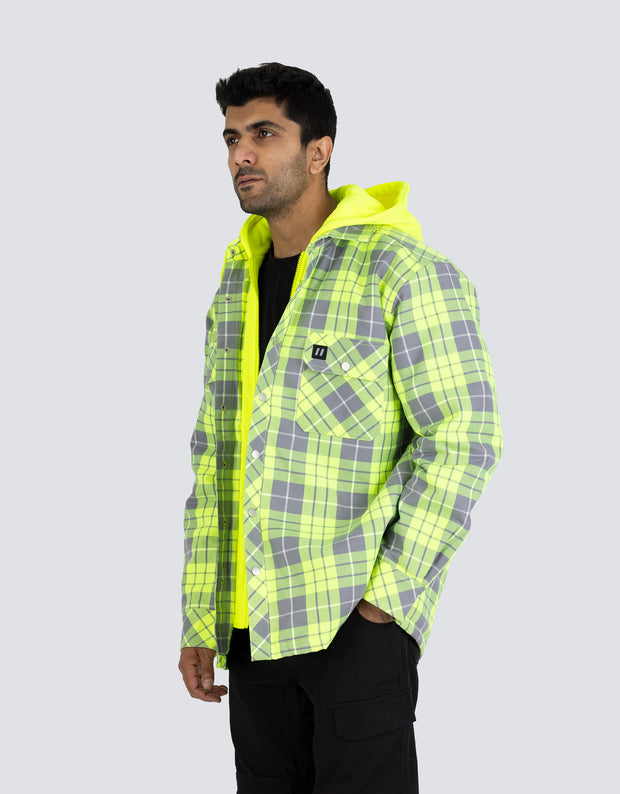 Forcefield Hi Vis Hooded Plaid Quilt-Lined Flannel Shirt Jacket