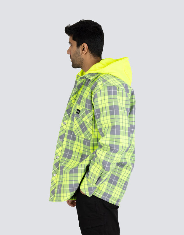 Forcefield Hi Vis Hooded Plaid Quilt-Lined Flannel Shirt Jacket