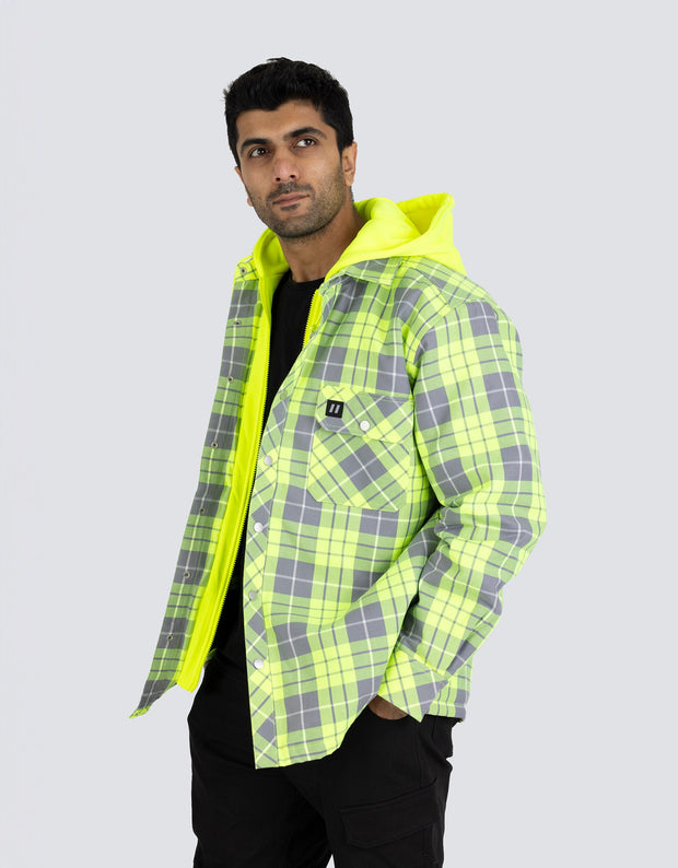 Forcefield Hi Vis Hooded Plaid Quilt-Lined Flannel Shirt Jacket
