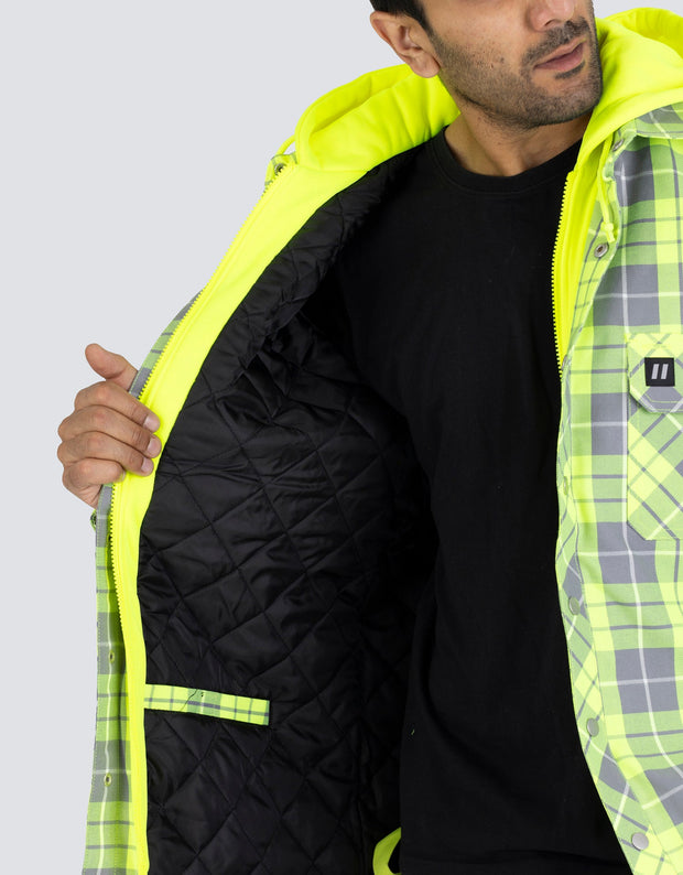 Forcefield Hi Vis Hooded Plaid Quilt-Lined Flannel Shirt Jacket