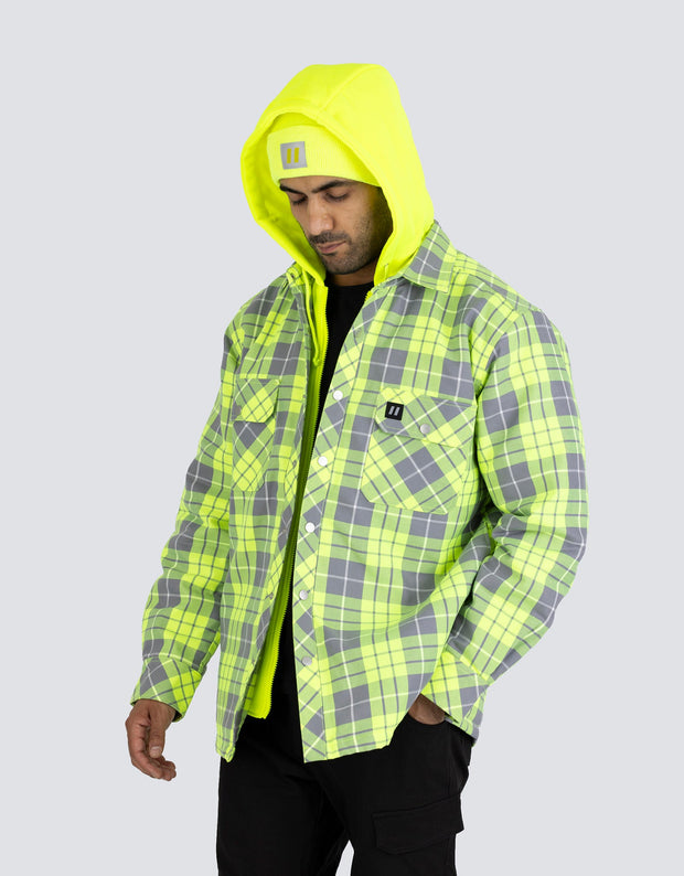 Forcefield Hi Vis Hooded Plaid Quilt-Lined Flannel Shirt Jacket
