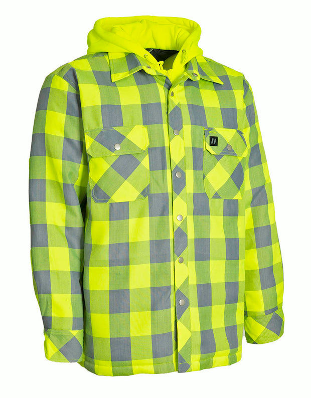 Forcefield Hi Vis Hooded Buffalo Plaid Quilt-Lined Flannel Shirt Jacket