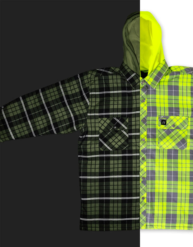 Forcefield Hi Vis Plaid Hooded Quilted Flannel Shirt Jacket with Reflective Striping