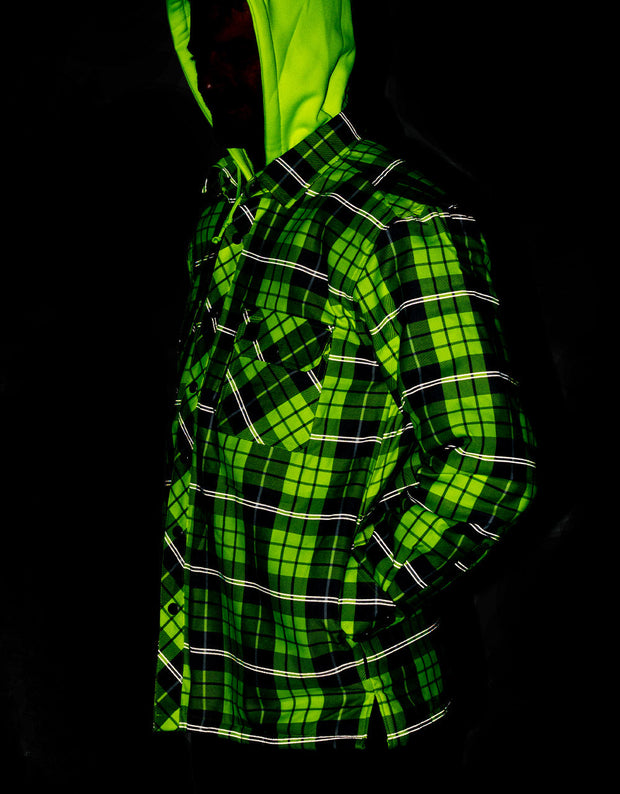 Forcefield Hi Vis Plaid Hooded Quilted Flannel Shirt Jacket with Reflective Striping