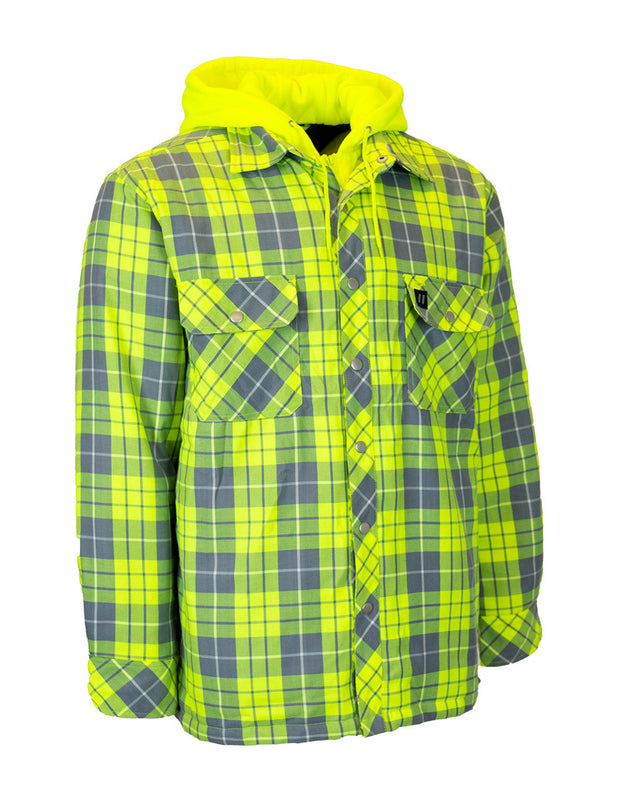 Forcefield Hi Vis Plaid Hooded Quilted Flannel Shirt Jacket with Reflective Striping