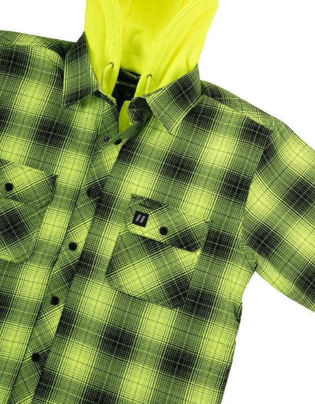 Forcefield Hi Vis Black Shadow Plaid Hooded Quilt-Lined Flannel Shirt Jacket