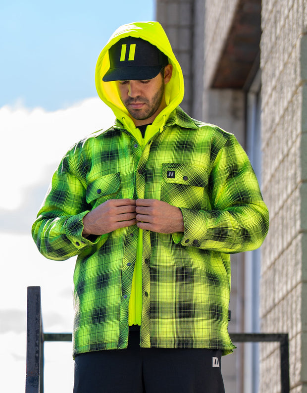 Forcefield Hi Vis Black Shadow Plaid Hooded Quilt-Lined Flannel Shirt Jacket