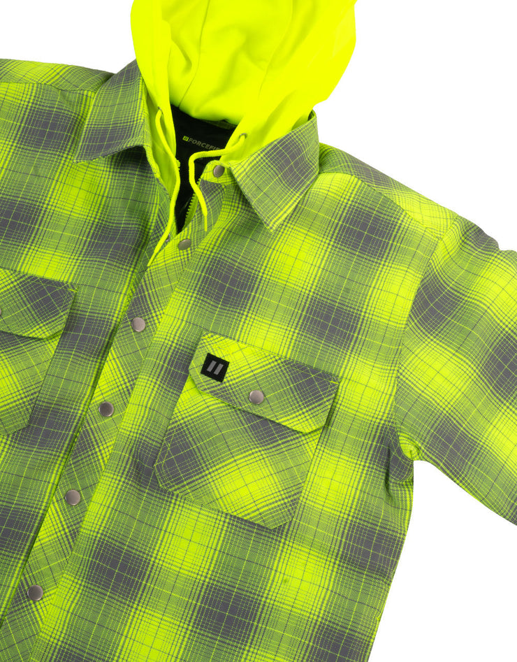 Forcefield Hi Vis Grey Shadow Plaid Hooded Quilt-Lined Flannel Shirt Jacket