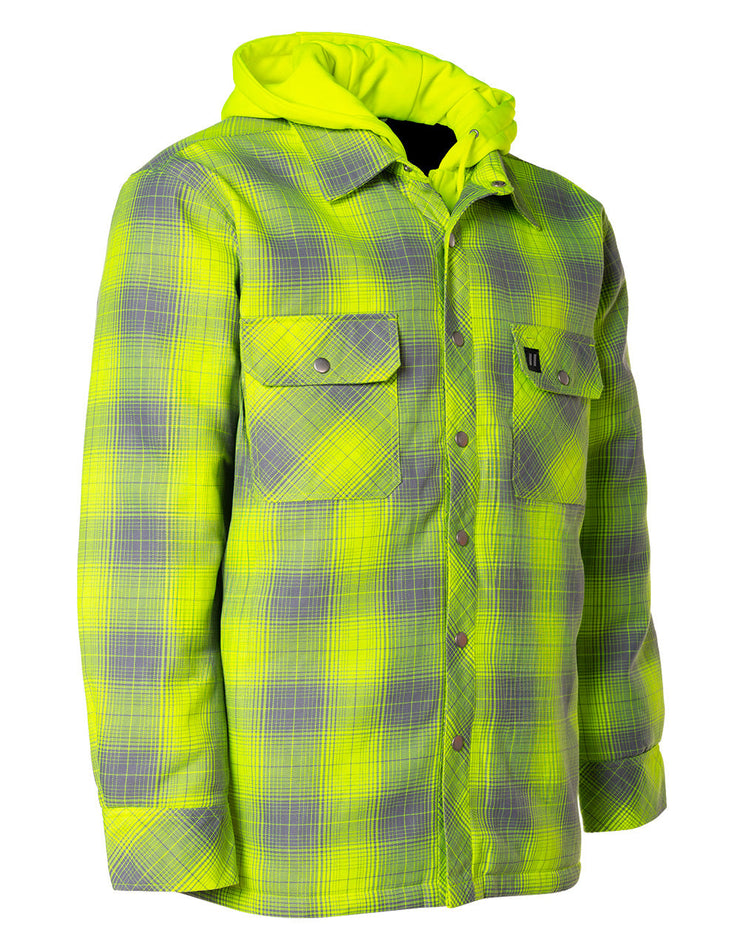 Forcefield Hi Vis Grey Shadow Plaid Hooded Quilt-Lined Flannel Shirt Jacket