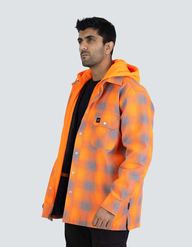 Forcefield Hi Vis Orange Shadow Plaid Hooded Quilt-Lined Flannel Shirt Jacket