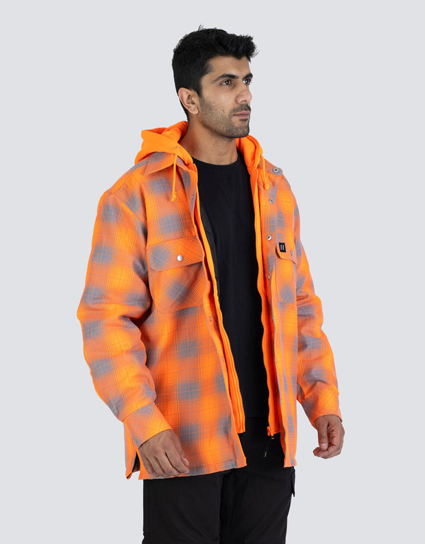 Forcefield Hi Vis Orange Shadow Plaid Hooded Quilt-Lined Flannel Shirt Jacket