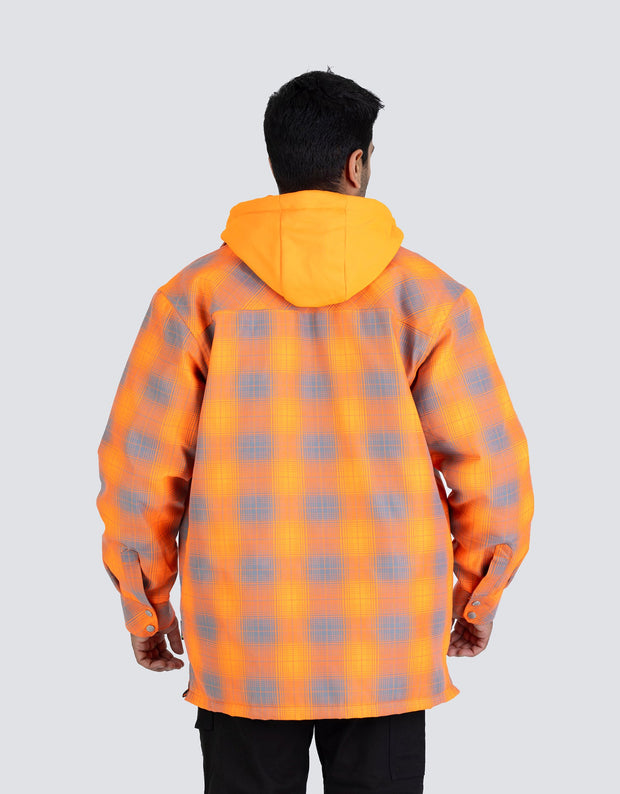Forcefield Hi Vis Orange Shadow Plaid Hooded Quilt-Lined Flannel Shirt Jacket