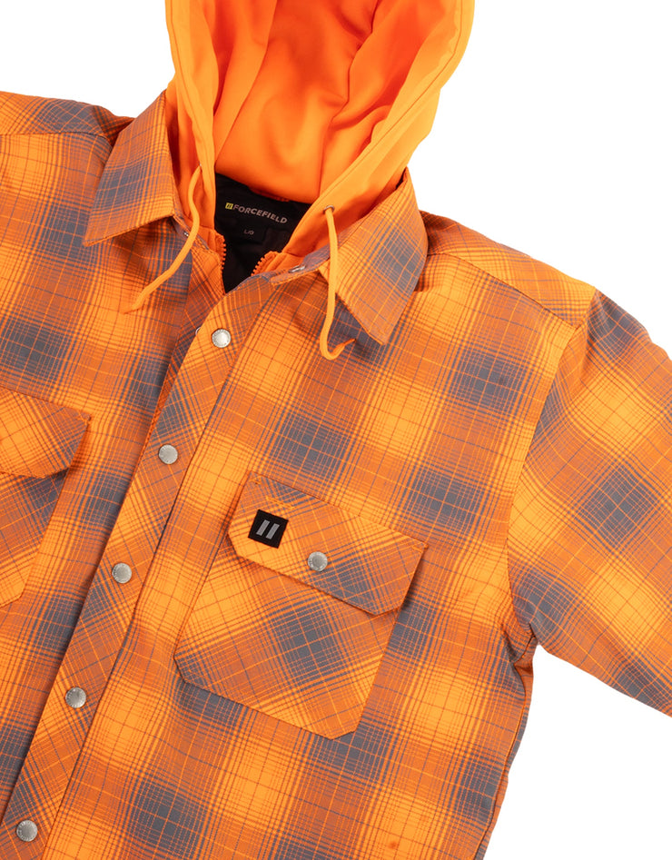 Forcefield Hi Vis Orange Shadow Plaid Hooded Quilt-Lined Flannel Shirt Jacket