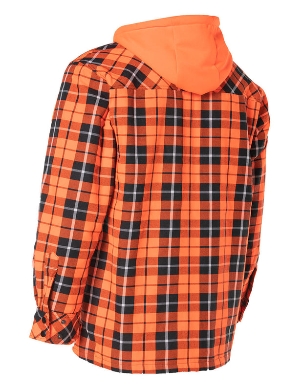 Forcefield Hi Vis Orange Tartan Plaid Hooded Sherpa-Lined Flannel Shirt Jacket with Front Zip