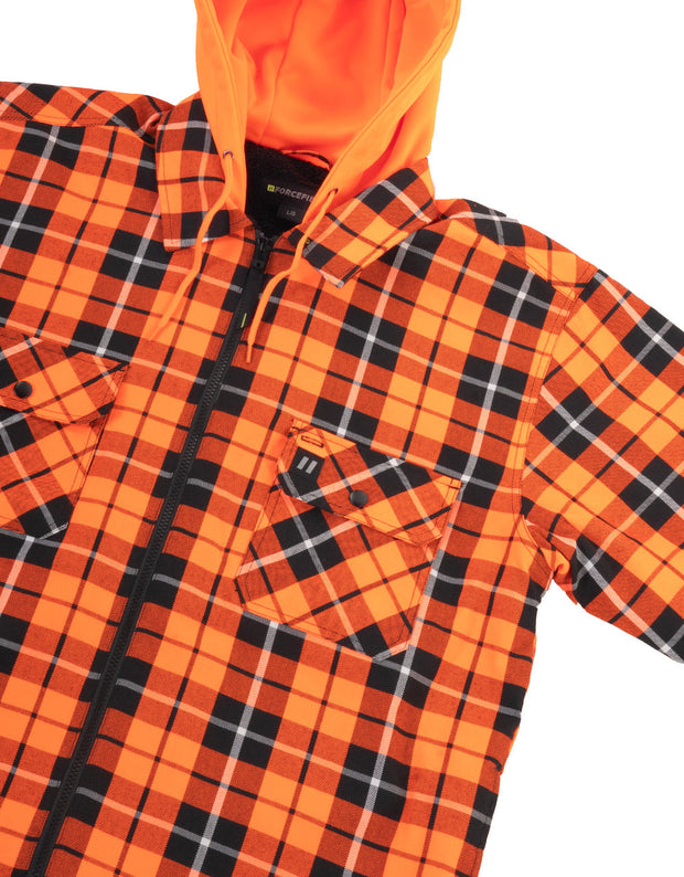 Forcefield Hi Vis Orange Tartan Plaid Hooded Sherpa-Lined Flannel Shirt Jacket with Front Zip