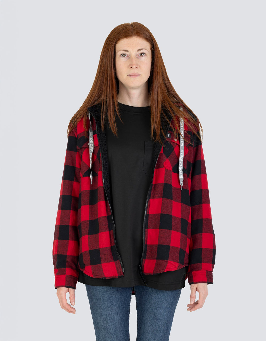 Forcefield Women's Hooded Sherpa-Lined Buffalo Plaid Flannel Shirt