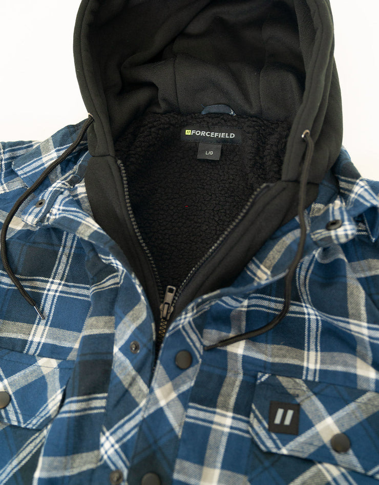 Forcefield Blue Hooded Sherpa-Lined Flannel Shirt Jacket