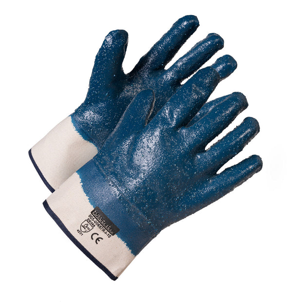 Blue Nitrile Fully Rough Coated Work Gloves, Cotton Supported, Safety Cuff