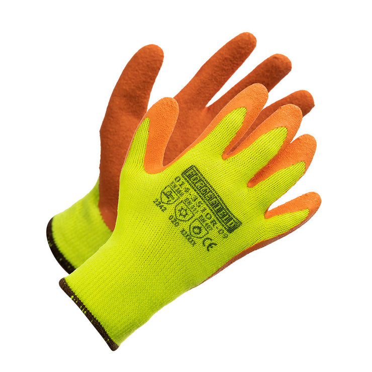 Hi Vis Light Insulated String Knit Work Gloves, Palm Coated with Orange Crinkle Latex