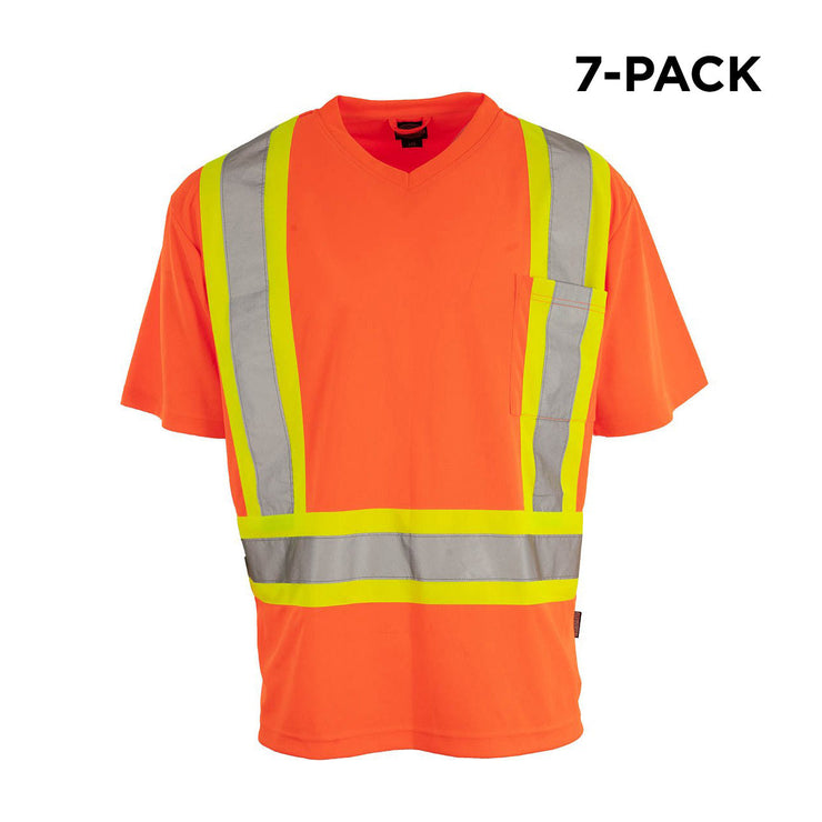 Hi Vis Orange V-Neck Short Sleeve Safety Tee Shirt - 7 Pack - Over Sized