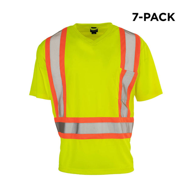 Hi Vis Lime V-Neck Short Sleeve Safety Tee Shirt - 7 Pack - Over Sized