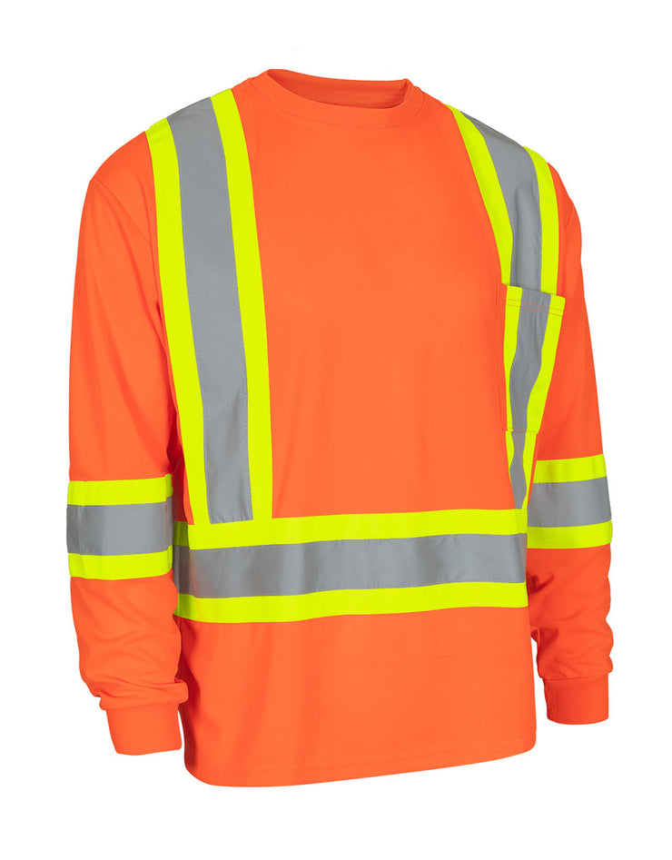 Hi Vis Bamboo Fabric Crew Neck Long Sleeve Safety Tee with Chest Pocket
