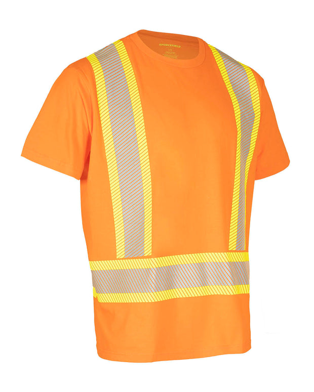 Athletic Fit Hi Vis Crew Neck Short Sleeve Safety Tee Shirt with Segmented Reflective Tape