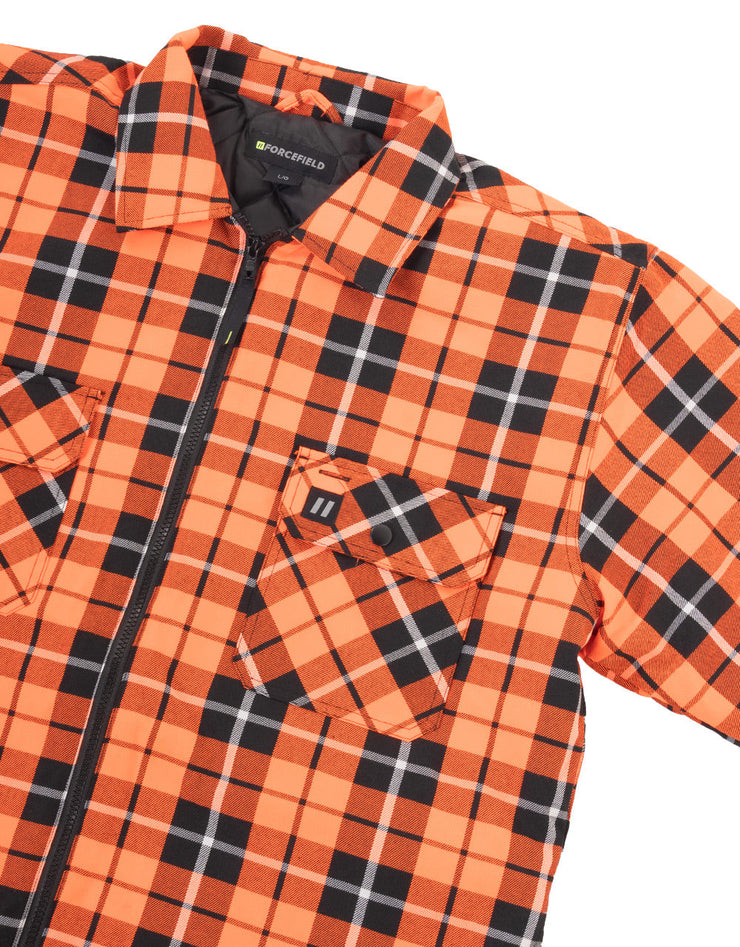 Hi Vis Orange Tartan Plaid Quilted Flannel Shirt Jacket with Front Zip
