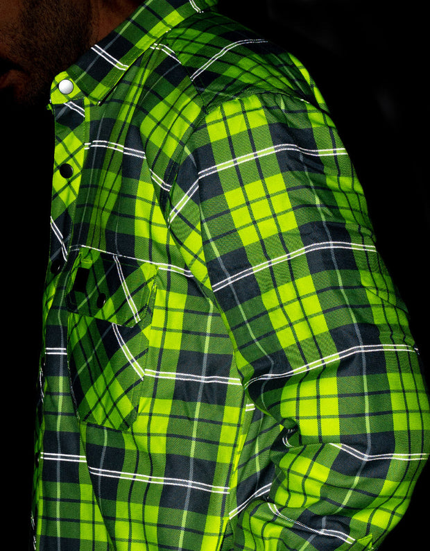Hi Vis Plaid Quilted Flannel Shirt Jacket with Reflective Striping