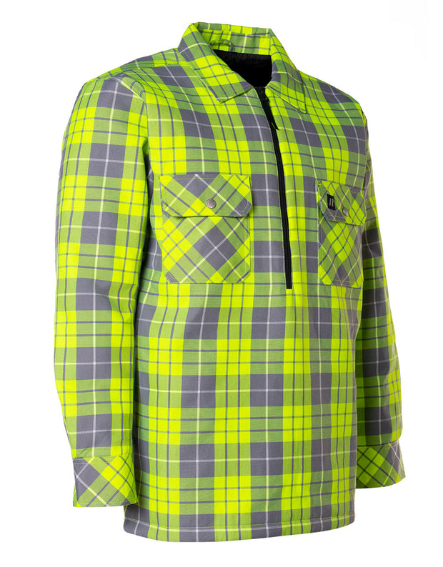 Hi Vis Plaid Quilted Flannel Shirt Jacket with 1/2 Zip Front Closure