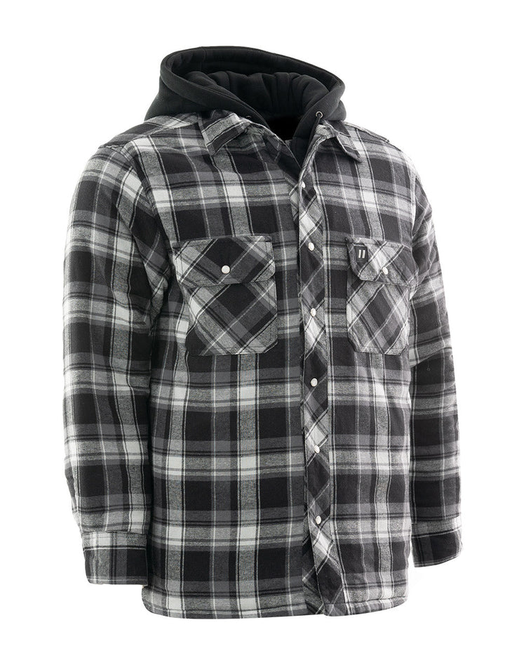 Grey Hooded Plaid Quilt-Lined Flannel Shirt Jacket