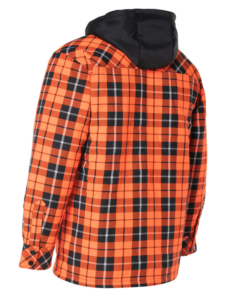 Hi Vis Orange Tartan Plaid Hooded Quilt-Lined Flannel Shirt Jacket with Front Zip
