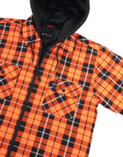 Hi Vis Orange Tartan Plaid Hooded Quilt-Lined Flannel Shirt Jacket with Front Zip