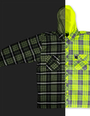 Hi Vis Plaid Hooded Quilted Flannel Shirt Jacket with Reflective Striping