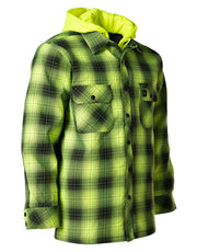 Hi Vis Black Shadow Plaid Hooded Quilt-Lined Flannel Shirt Jacket