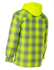 Hi Vis Grey Shadow Plaid Hooded Quilt-Lined Flannel Shirt Jacket