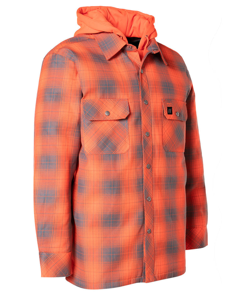 Hi Vis Orange Shadow Plaid Hooded Quilt-Lined Flannel Shirt Jacket