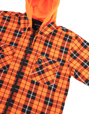 Hi Vis Orange Tartan Plaid Hooded Sherpa-Lined Flannel Shirt Jacket with Front Zip