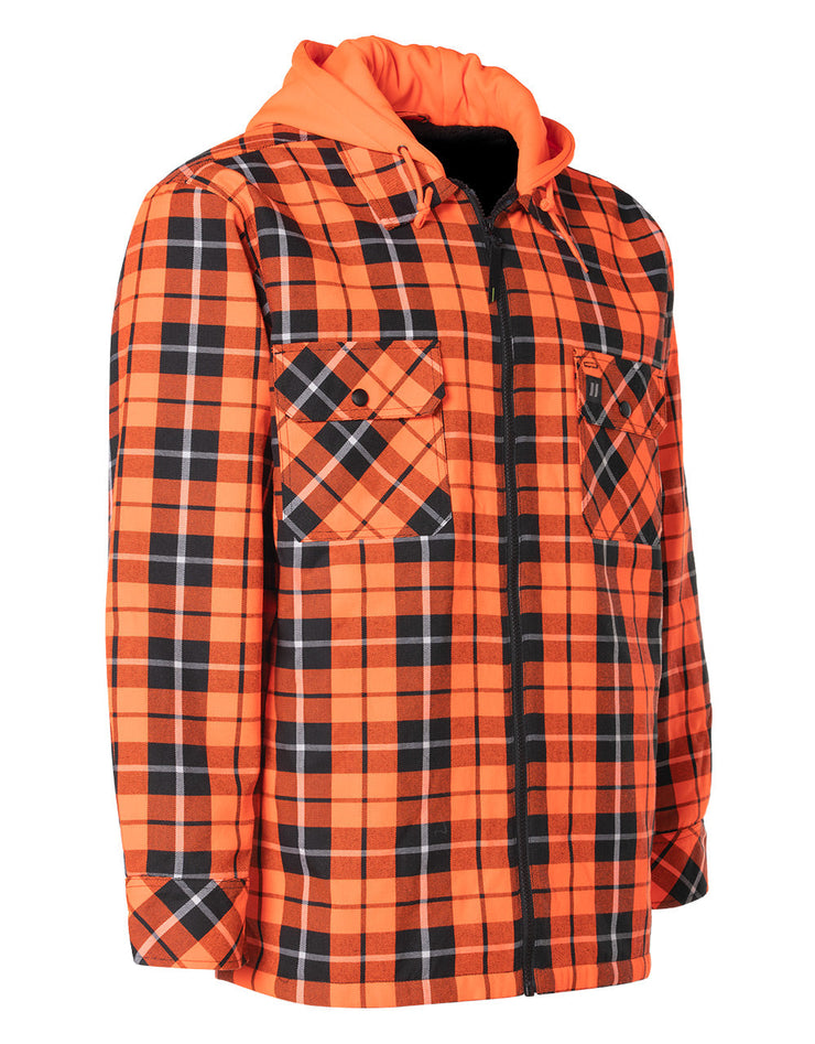 Hi Vis Orange Tartan Plaid Hooded Sherpa-Lined Flannel Shirt Jacket with Front Zip