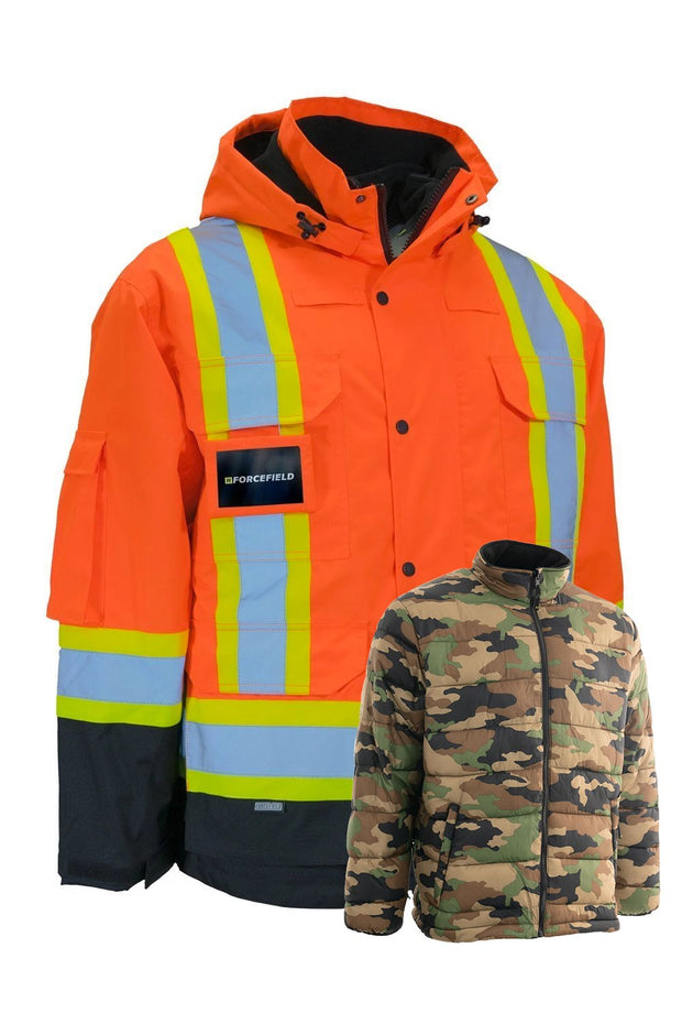 Hi Vis Winter Safety Parka with Removable Polyfill Insulated Camouflage Nylon Puffer Jacket