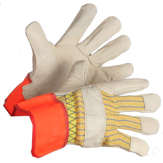 Grain Leather Work Glove with Fluorescent Cuff, Outside Elastic - Hi Vis Safety